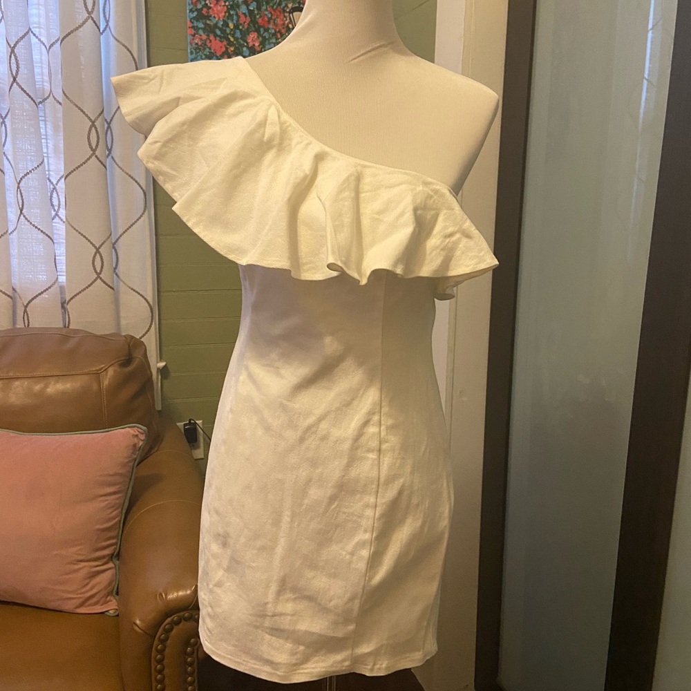 White Asymmetrical Ruffled One-Shoulder Denim Dress